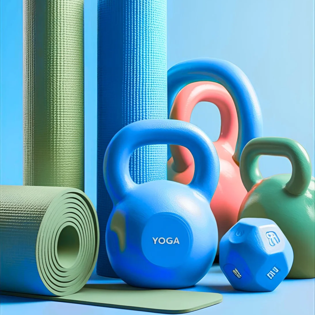 Fitness Utensilien, eine blaue und grüne Fitness Matte, drei Kettle-Bells und ein Übungswürfel