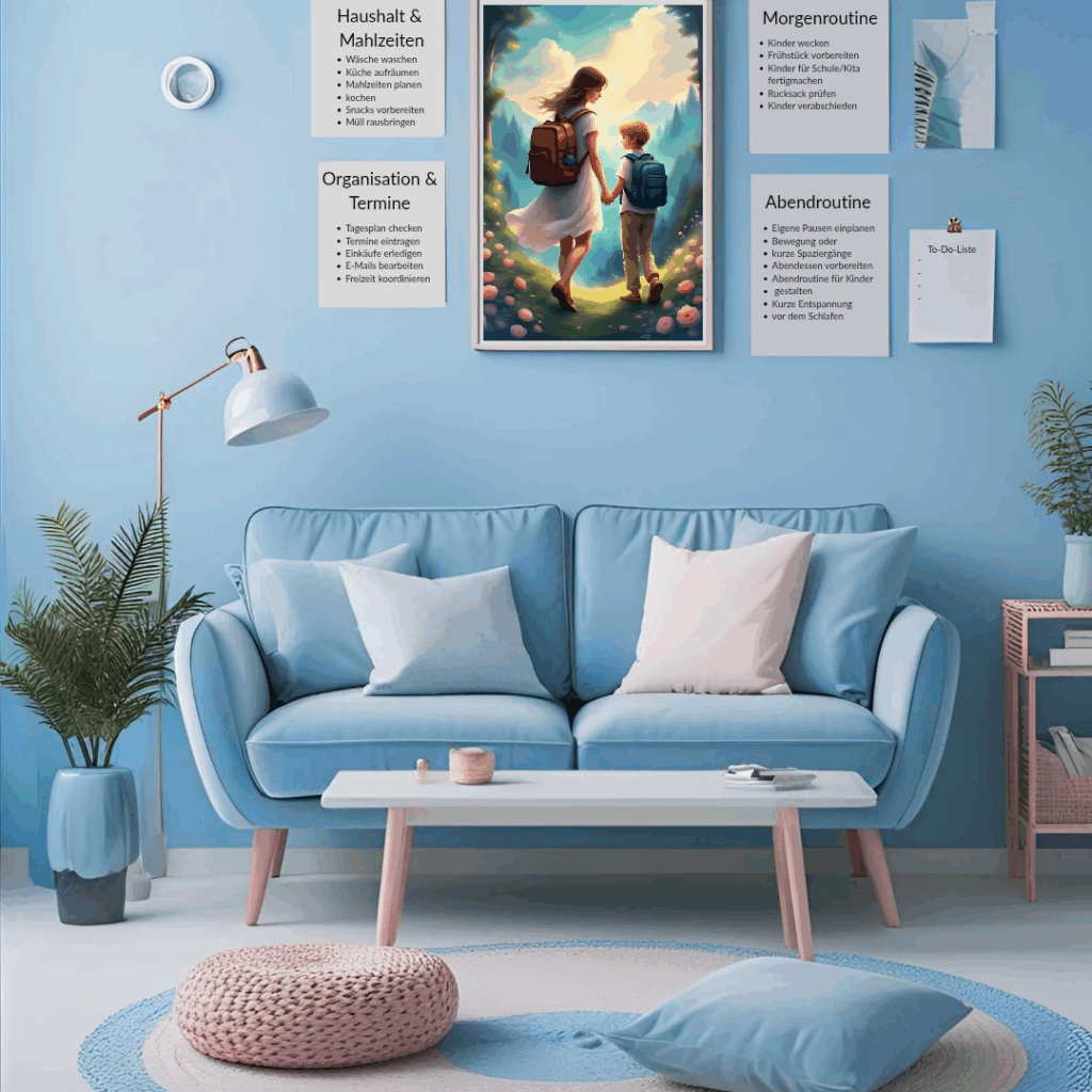 Wohnzimmer mit Sofa und Dekoration. AN der Wand hängen Bilder